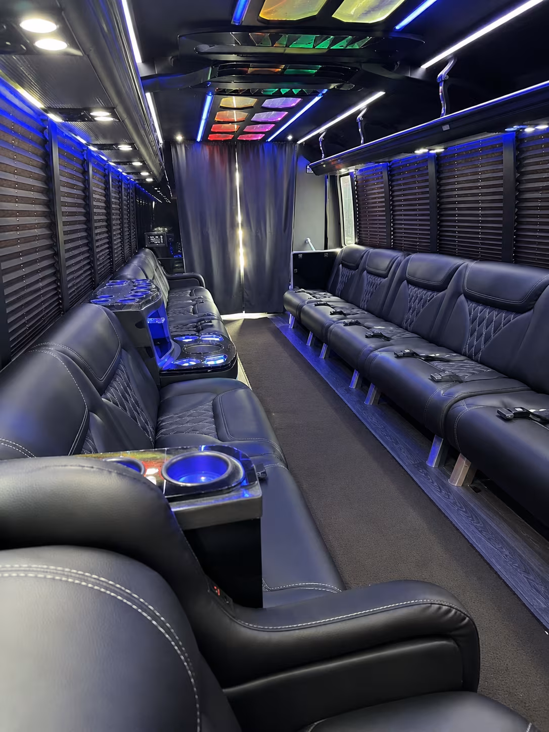 Passenger seating aboard a party bus rental serving Chattanooga