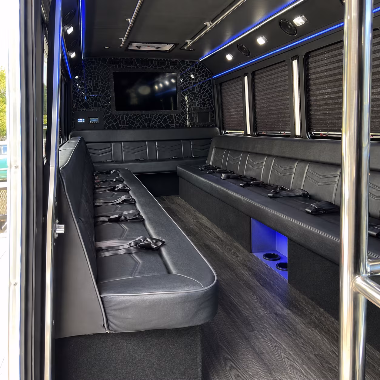 Wraparound seating inside a party bus rental serving Chattanooga